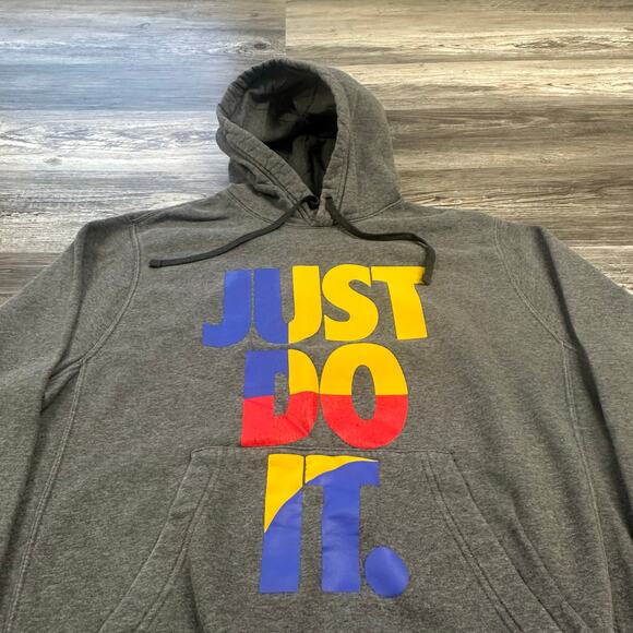 Nike Gray Mens M Just Do It Tri Color Spellout Sporty Athletic Pullover Hoodie - Picture 2 of 12